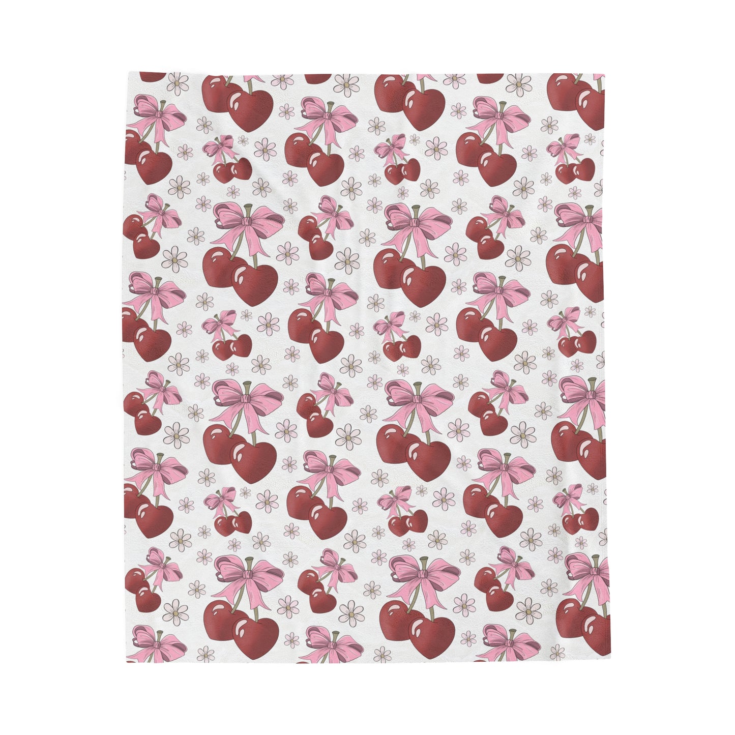 Velveteen Plush Blanket - Heart Cherries & Bows Design - 3 sizes