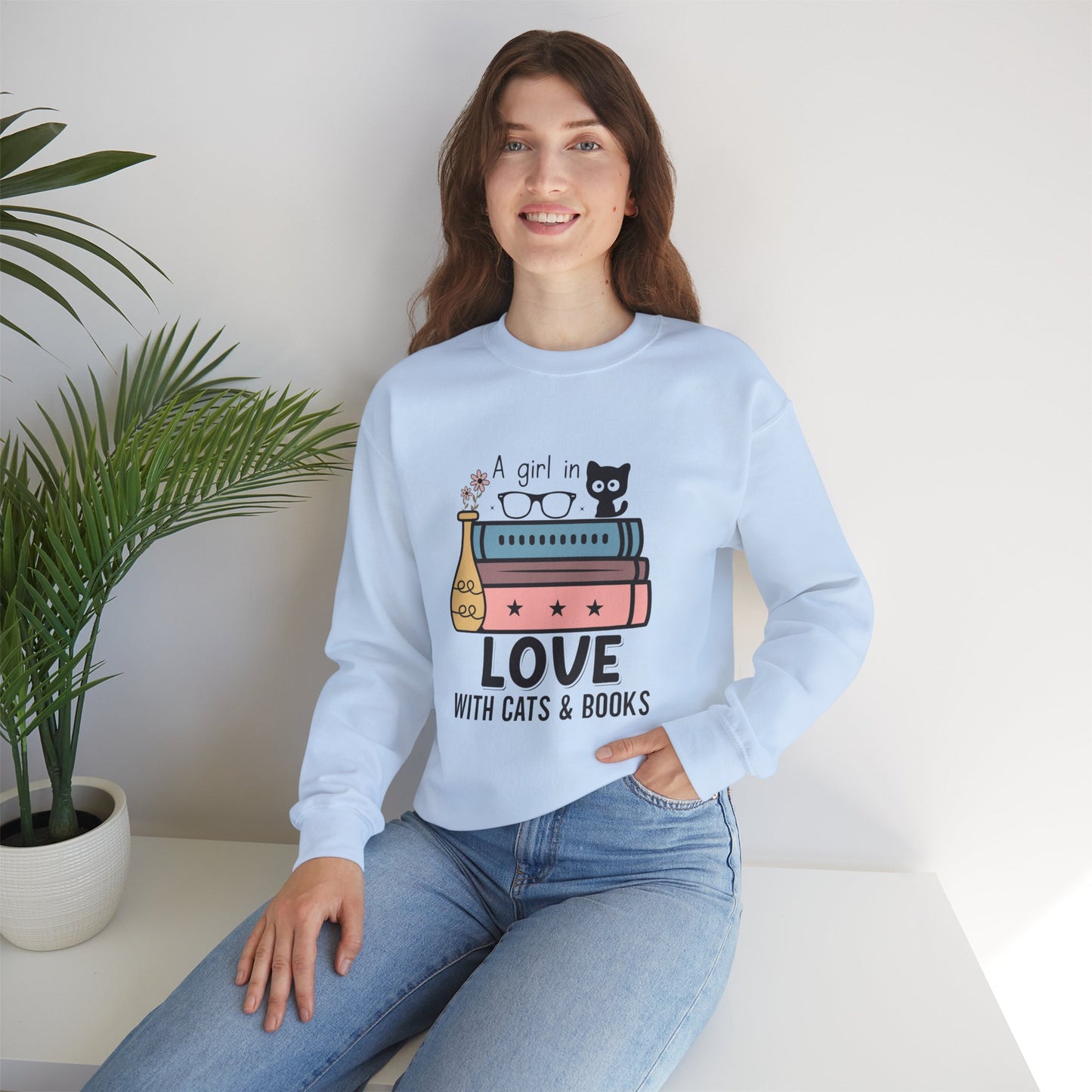 Just a Girl in Love with Cats and Books Unisex Heavy Blend™ Crewneck Sweatshirt - S - 3X sizes