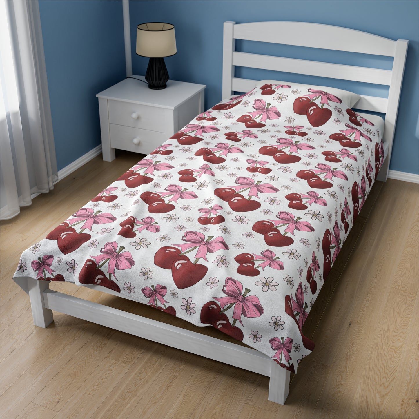Velveteen Plush Blanket - Heart Cherries & Bows Design - 3 sizes