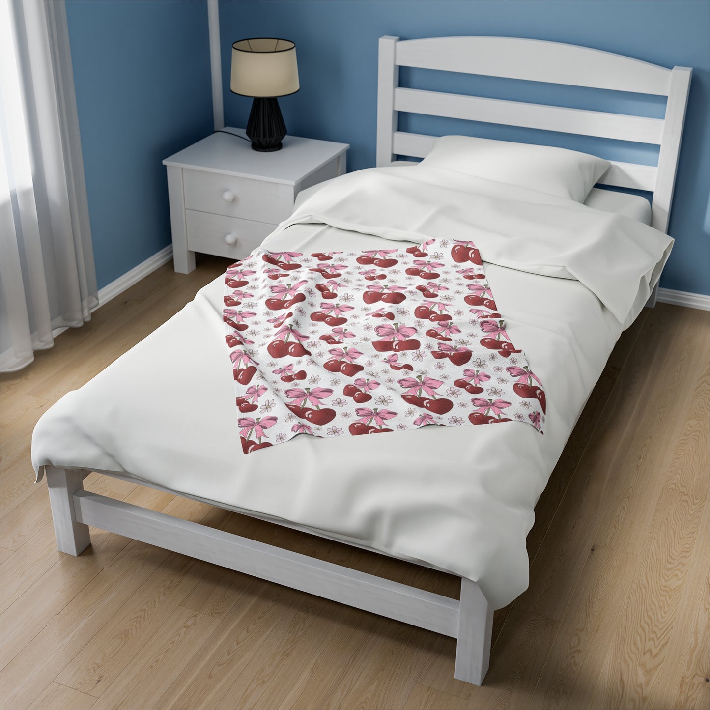 Velveteen Plush Blanket - Heart Cherries & Bows Design - 3 sizes