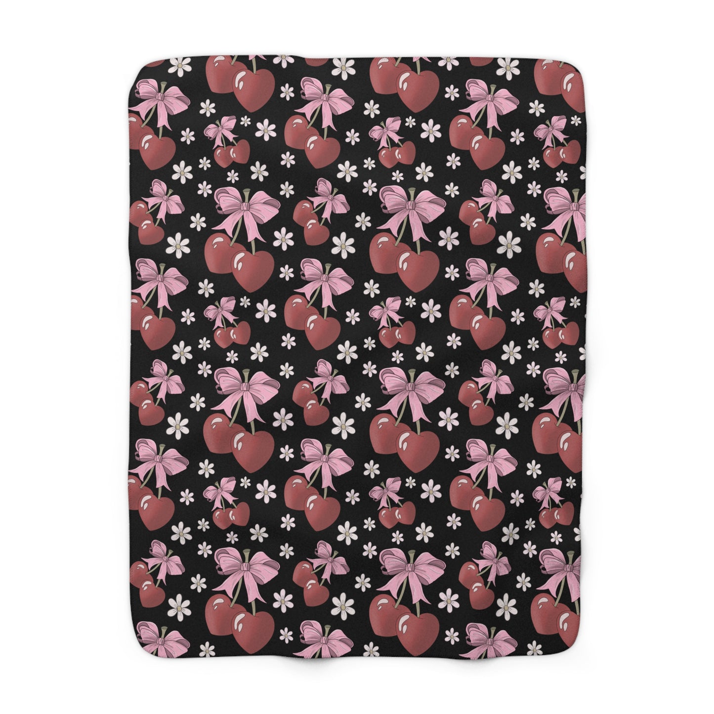 Sherpa Fleece Blanket, Heart Shaped Cherries and Bows, Warm and Cozy - 2 sizes