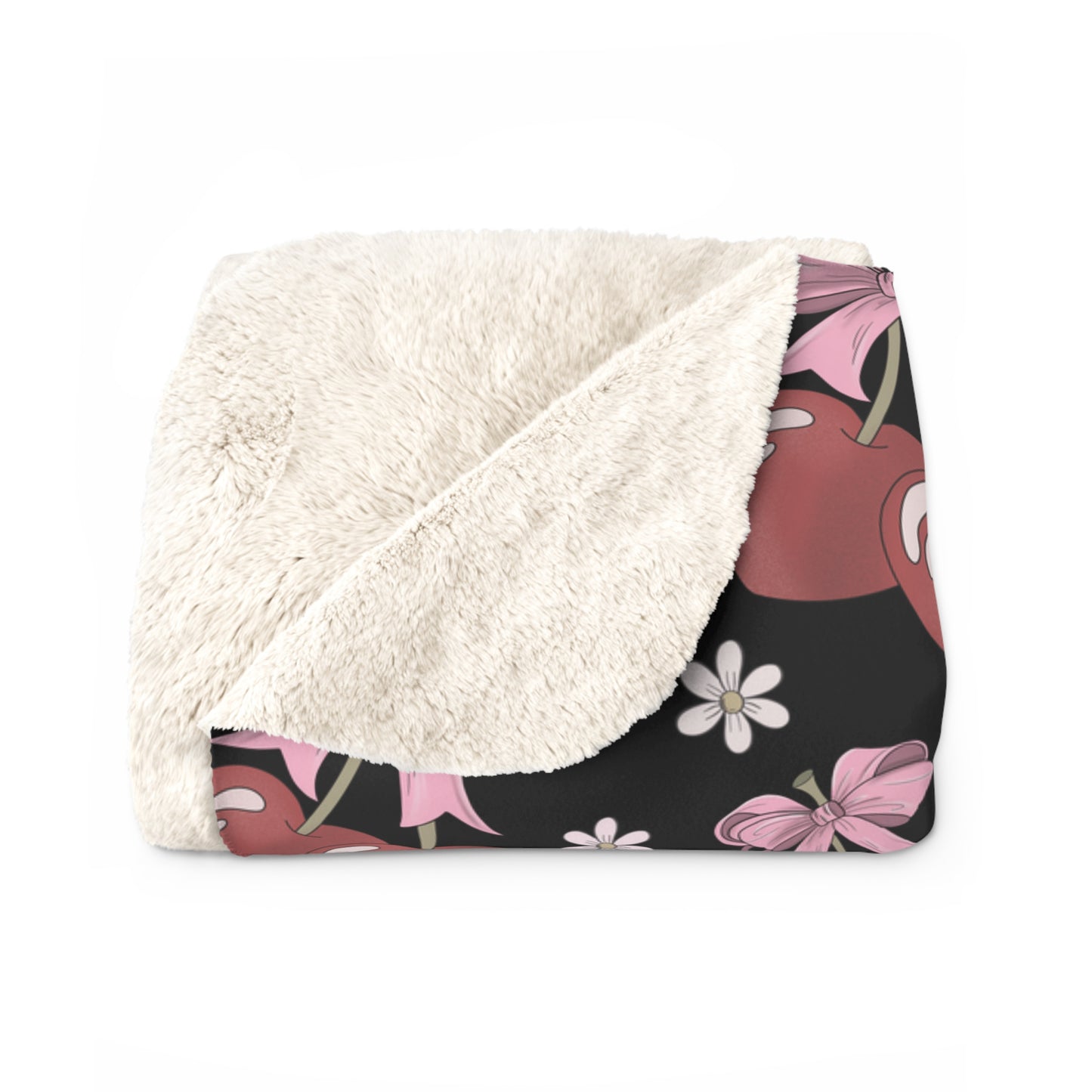 Sherpa Fleece Blanket, Heart Shaped Cherries and Bows, Warm and Cozy - 2 sizes