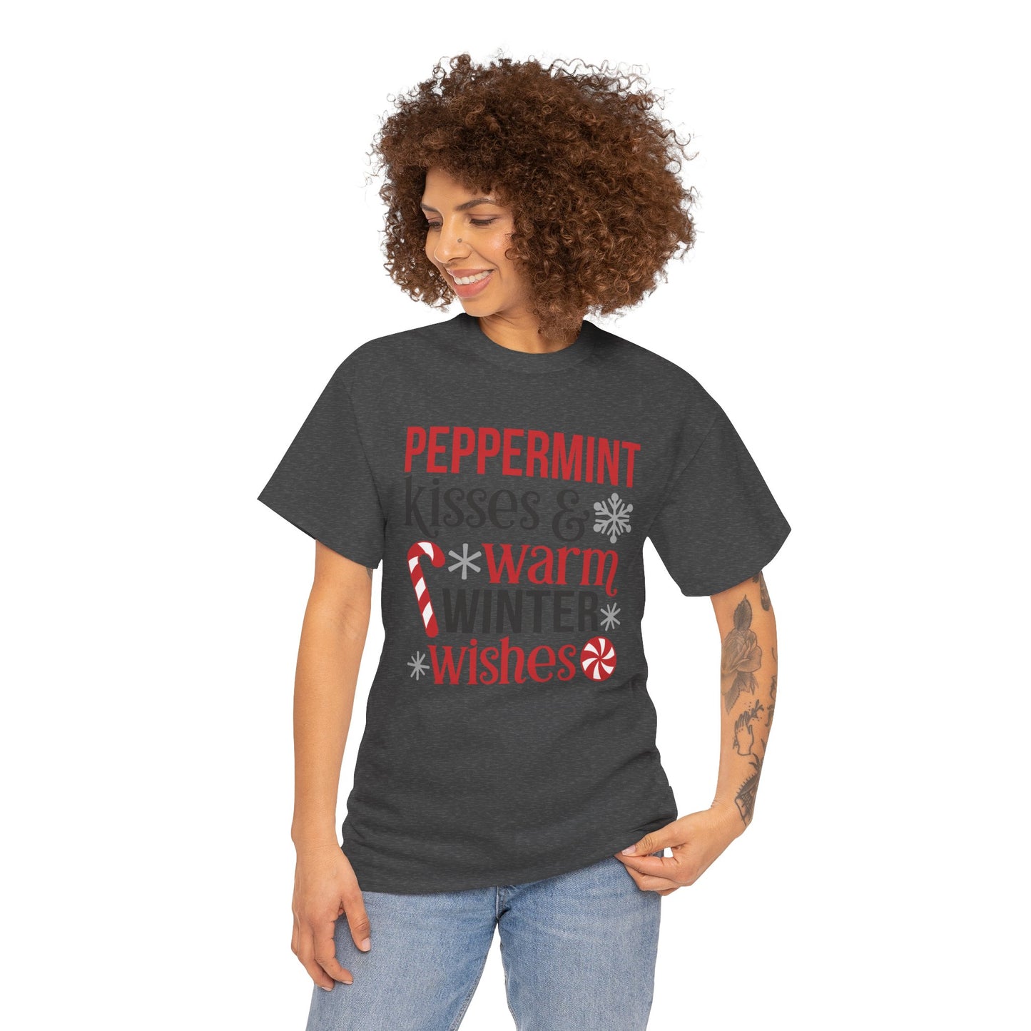 Peppermint Kisses and warm Winter wishes Unisex Heavy Cotton T-shirt - Christmas Winter Fun Cute Holiday Tee - sizes S - 3X