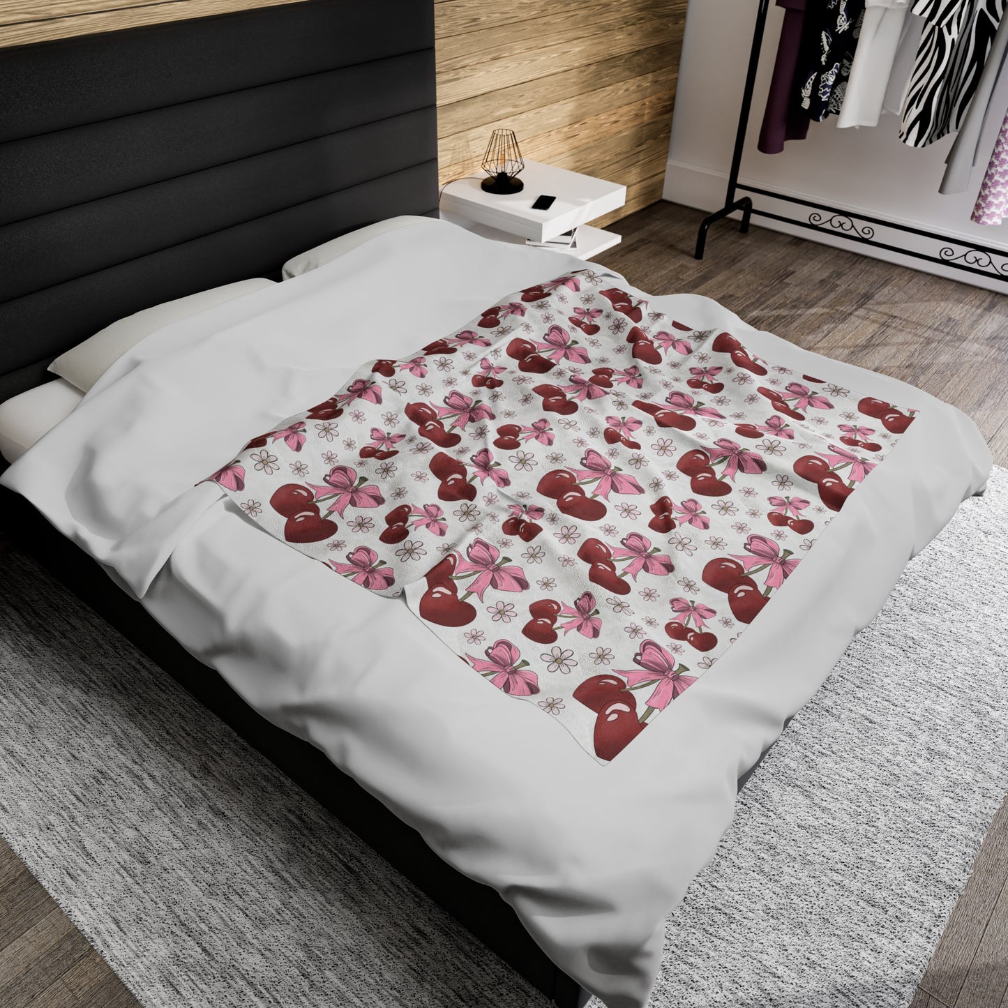 Velveteen Plush Blanket - Heart Cherries & Bows Design - 3 sizes