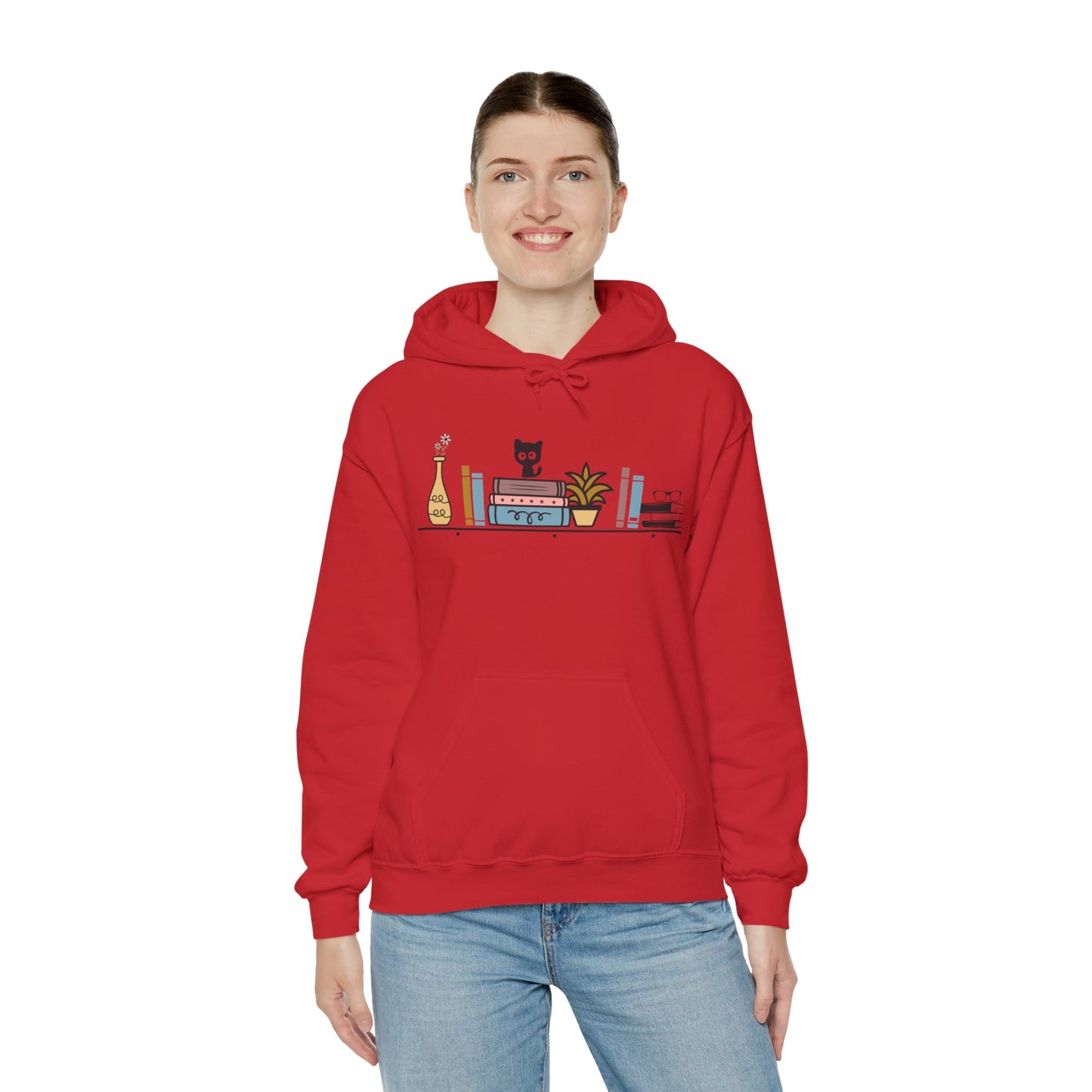 Unisex Heavy Blend™ Hooded Sweatshirt - cut cat sitting on shelf with books - S - 5X