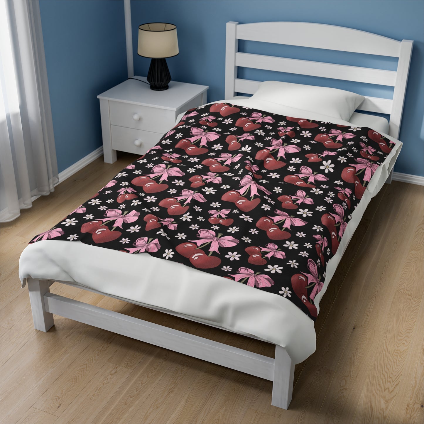Velveteen Plush Blanket - Heart Cherries & Bows Design - 3 sizes