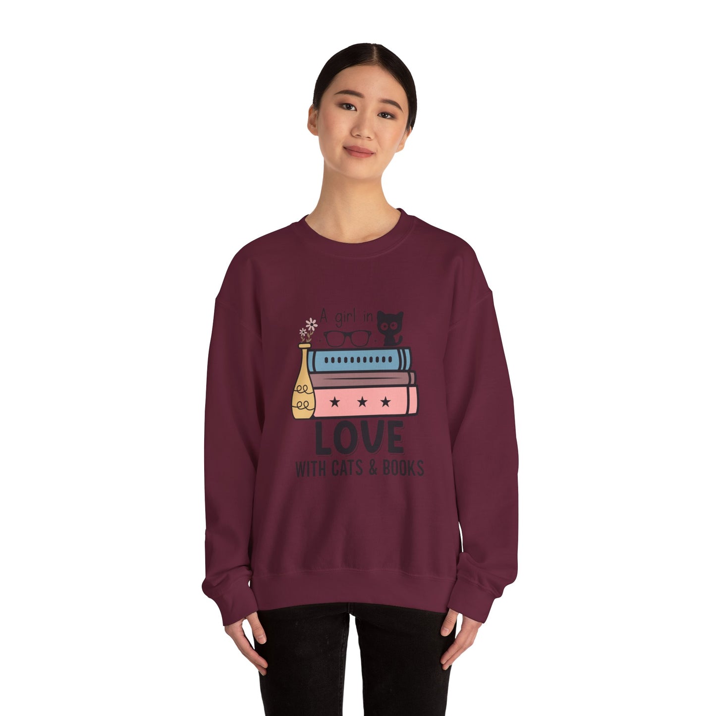 Just a Girl in Love with Cats and Books Unisex Heavy Blend™ Crewneck Sweatshirt - S - 3X sizes