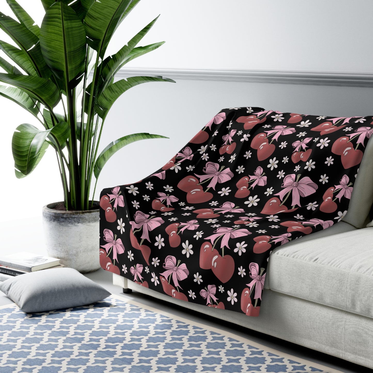 Sherpa Fleece Blanket, Heart Shaped Cherries and Bows, Warm and Cozy - 2 sizes