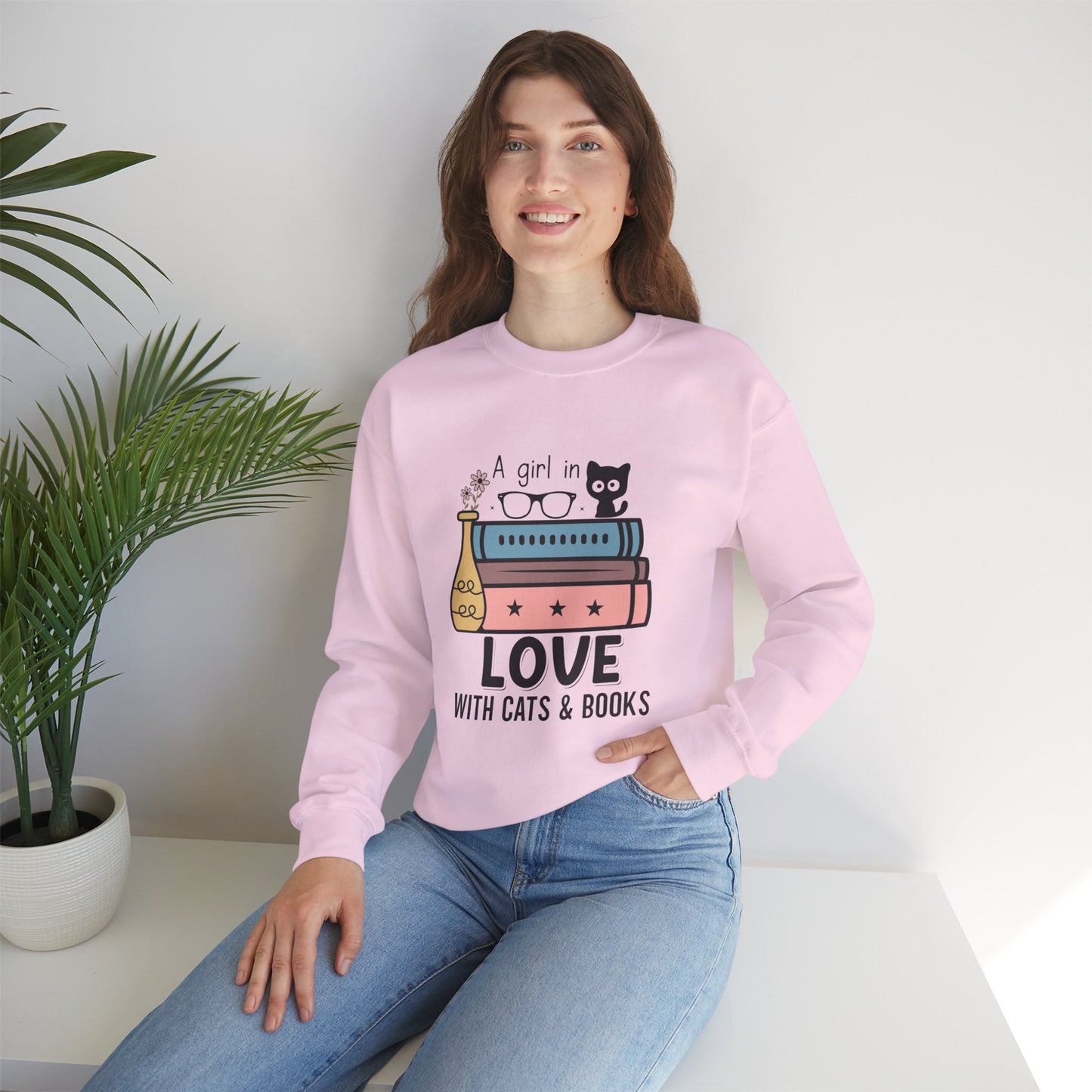 Just a Girl in Love with Cats and Books Unisex Heavy Blend™ Crewneck Sweatshirt - S - 3X sizes