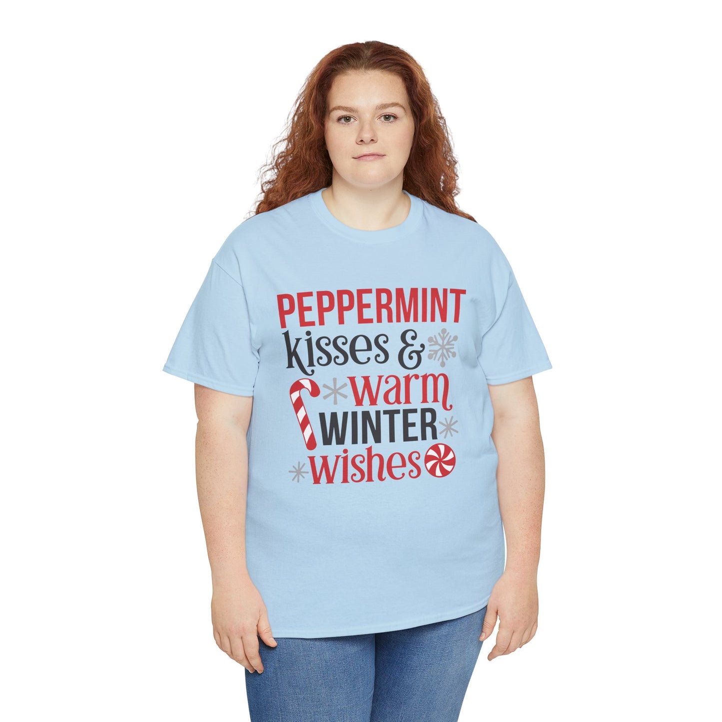 Peppermint Kisses and warm Winter wishes Unisex Heavy Cotton T-shirt - Christmas Winter Fun Cute Holiday Tee - sizes S - 3X