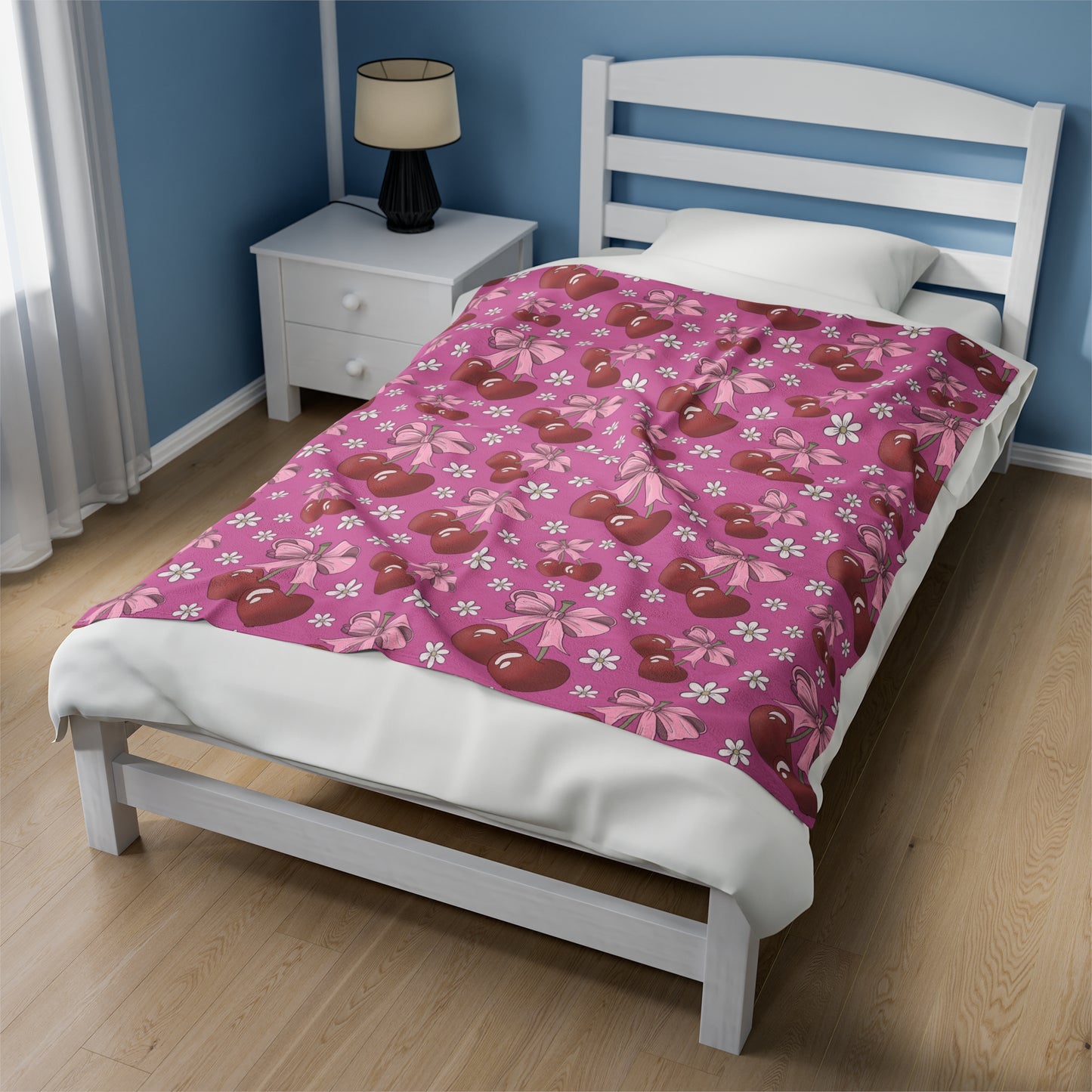 Velveteen Plush Blanket - Heart Cherries & Bows Design - 3 sizes