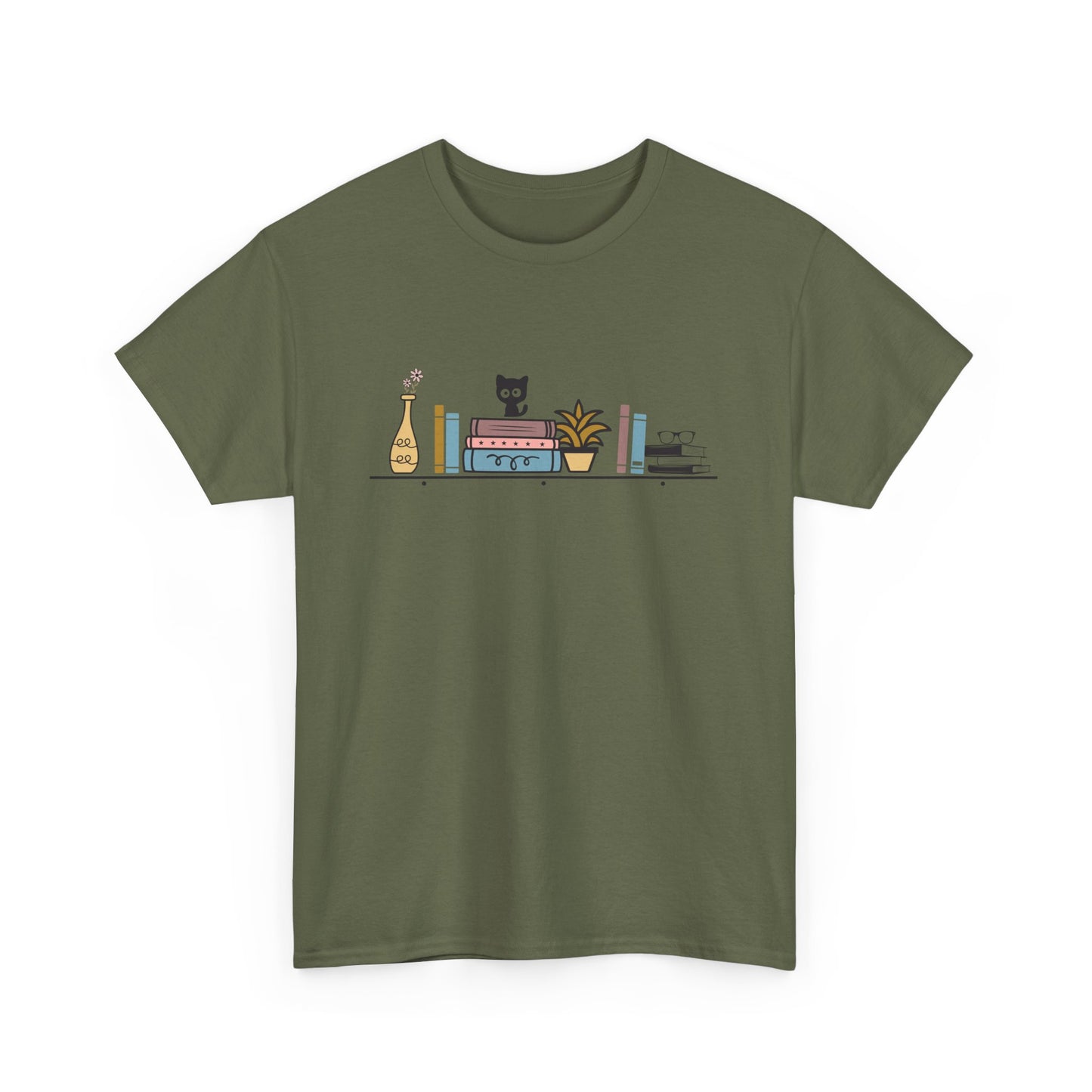 Unisex Heavy Cotton Tee - Cute cat and books on a shelf - sizes S - 5X