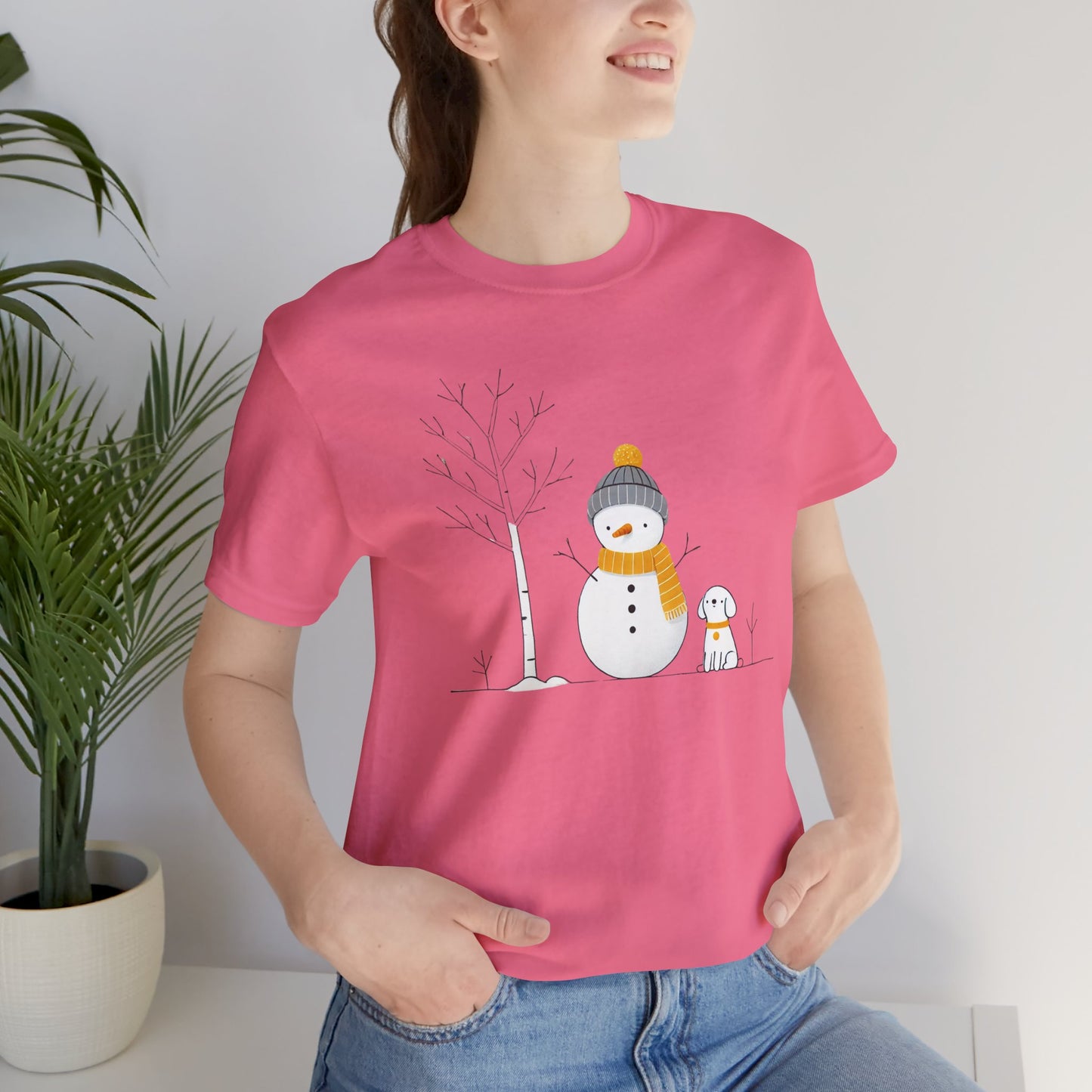 Snowman and dog winter scene Unisex Jersey Short Sleeve Tee - sizes S - 3X