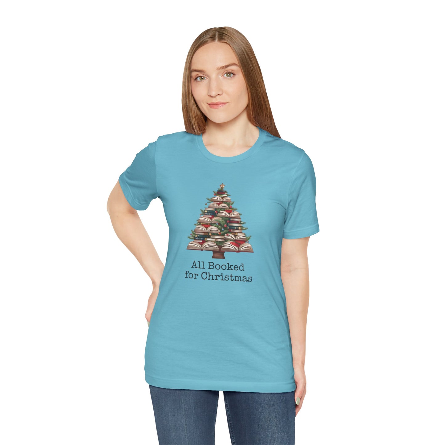 All Booked for Christmas, Book Christmas tree, Unisex Jersey Short Sleeve T-shirt - sizes S = 3X
