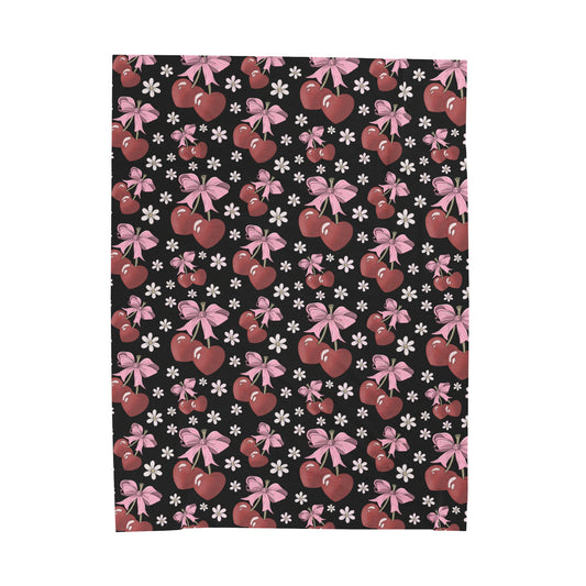 Velveteen Plush Blanket - Heart Cherries & Bows Design - 3 sizes
