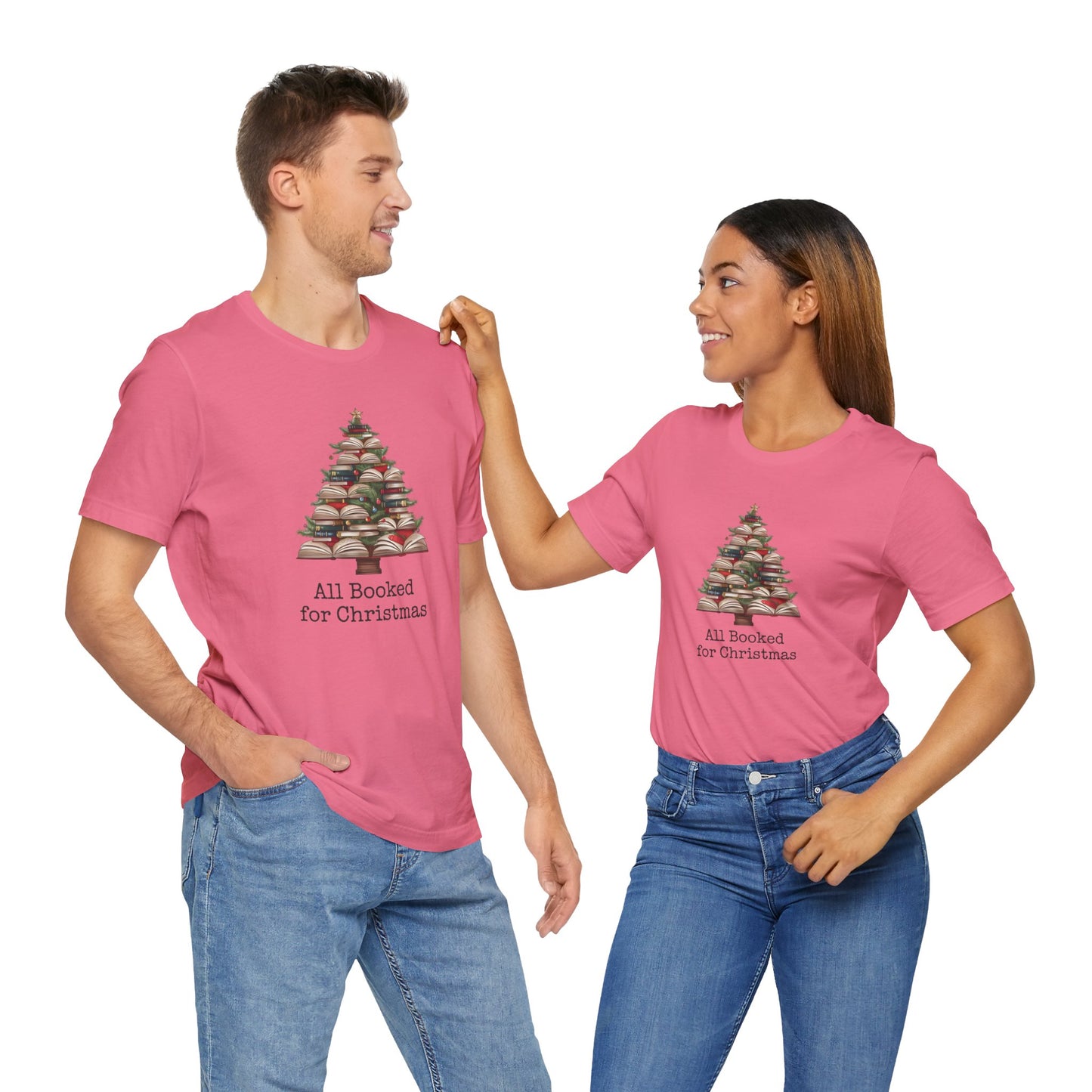 All Booked for Christmas, Book Christmas tree, Unisex Jersey Short Sleeve T-shirt - sizes S = 3X