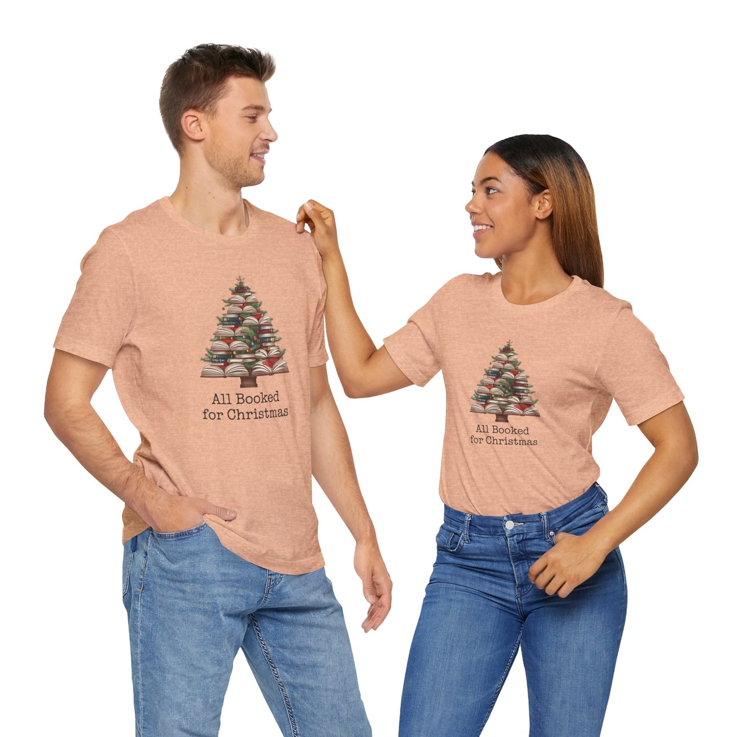 All Booked for Christmas, Book Christmas tree, Unisex Jersey Short Sleeve T-shirt - sizes S = 3X