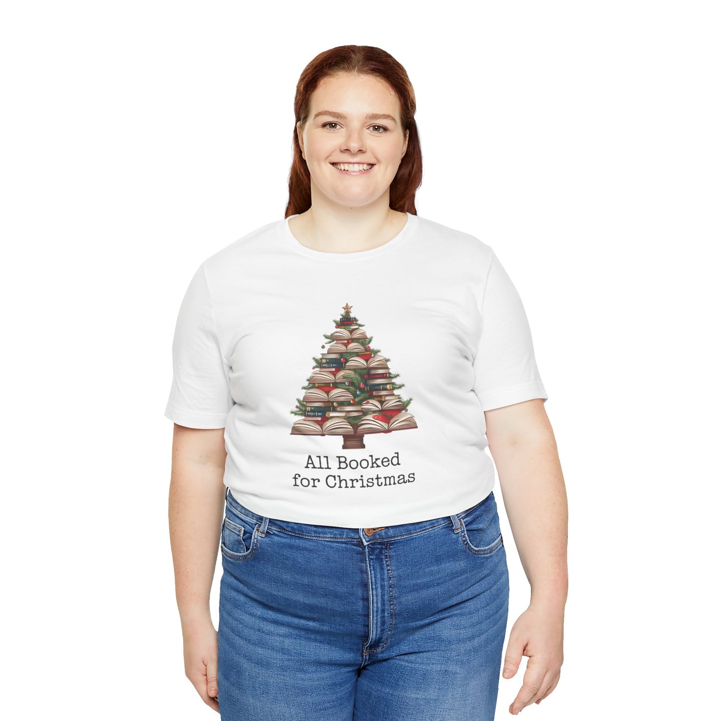 All Booked for Christmas, Book Christmas tree, Unisex Jersey Short Sleeve T-shirt - sizes S = 3X