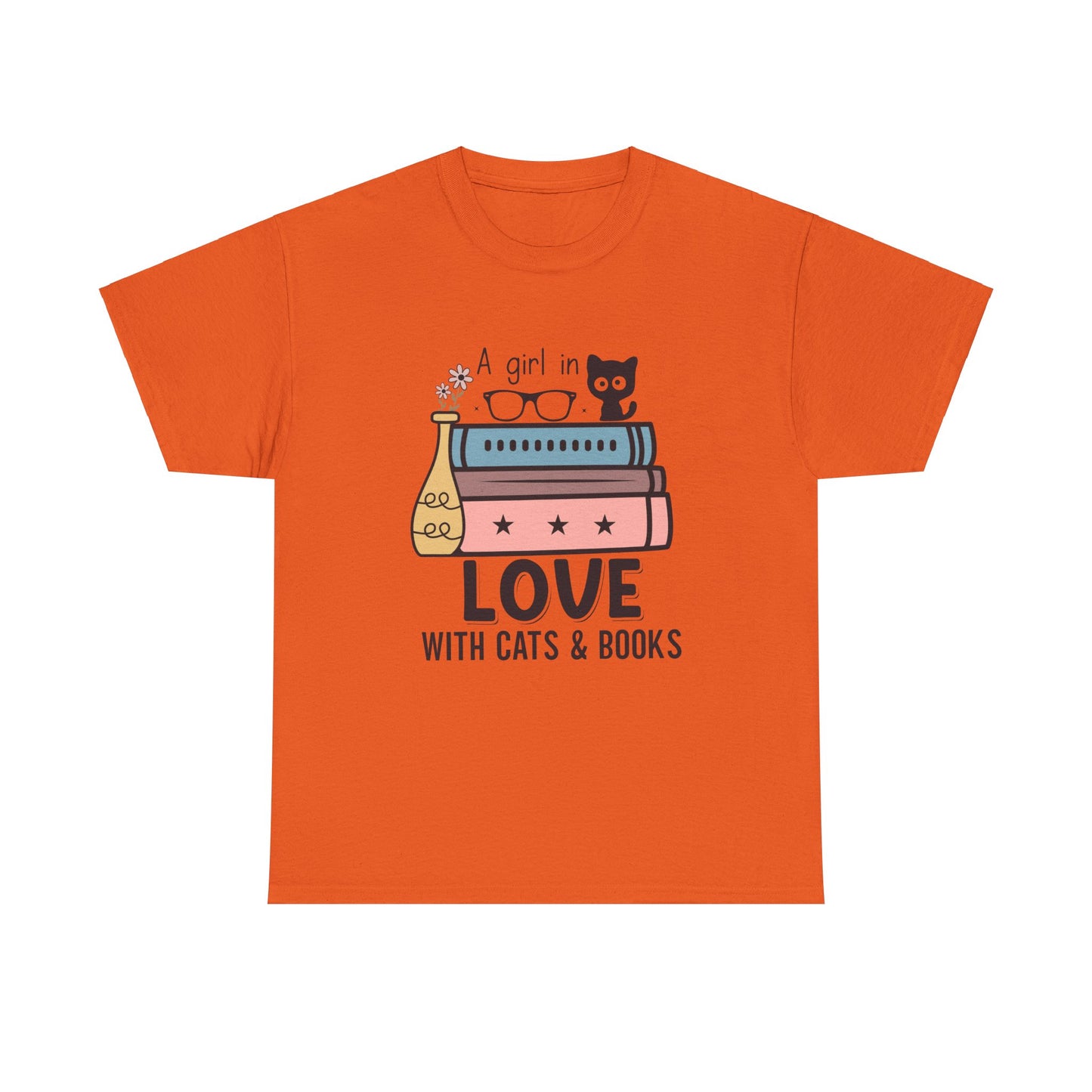 A Girl in Love with Cats and Books Unisex Heavy Cotton Tee