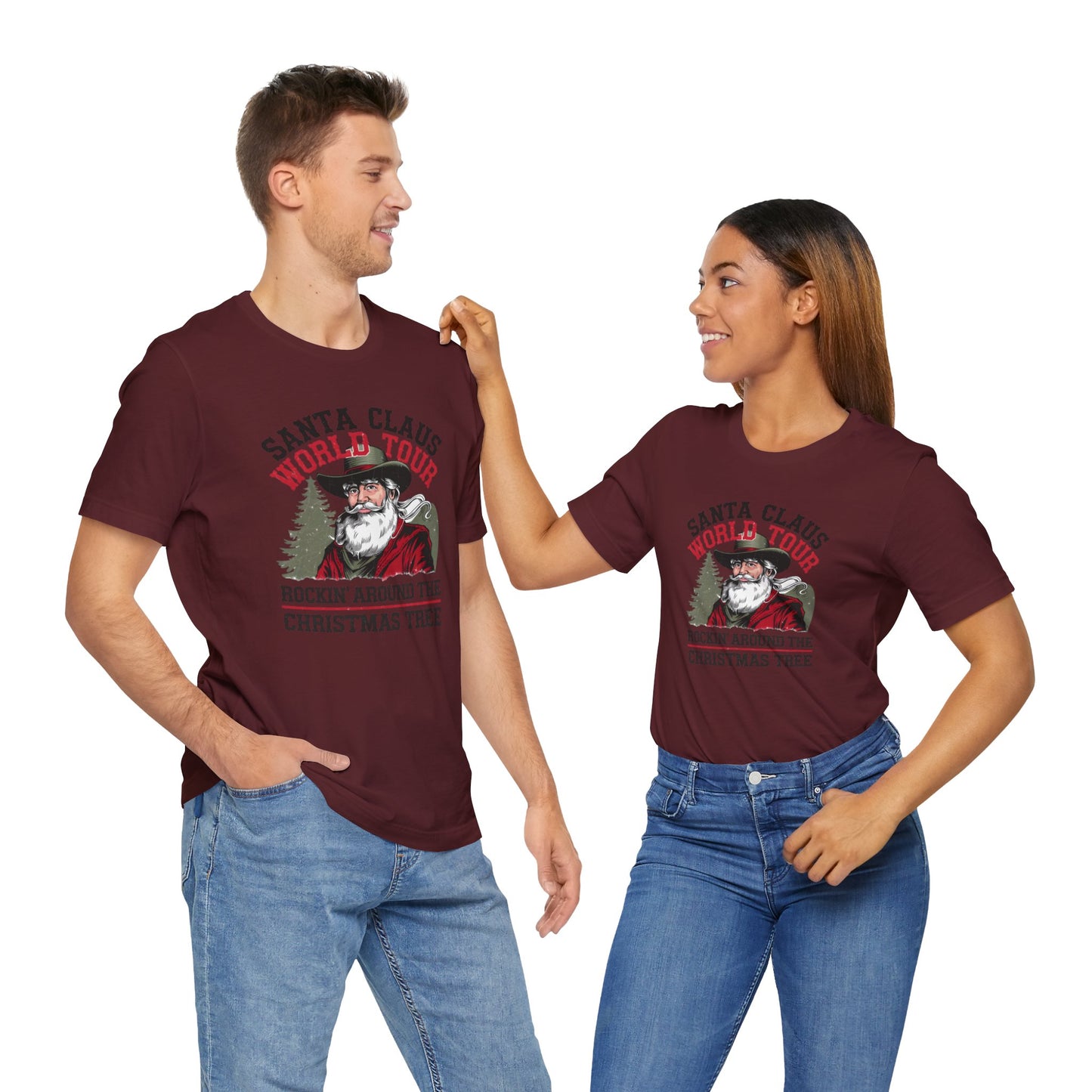 Santa Claus World tour Unisex Jersey Short Sleeve Tee - sizes S - 3X - Rocking around the Christmas Tree