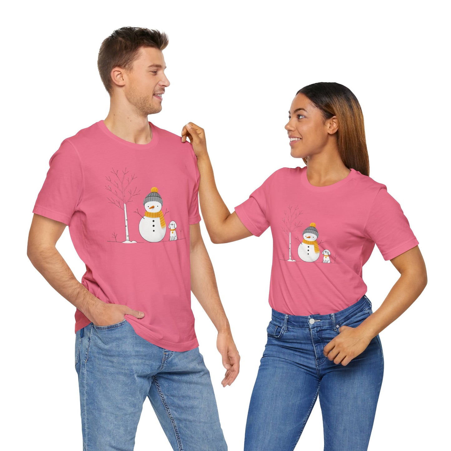 Snowman and dog winter scene Unisex Jersey Short Sleeve Tee - sizes S - 3X