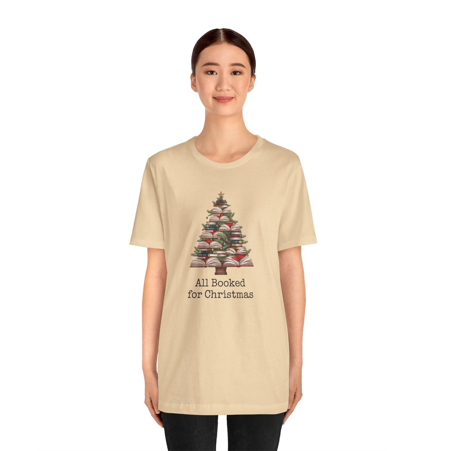 All Booked for Christmas, Book Christmas tree, Unisex Jersey Short Sleeve T-shirt - sizes S = 3X