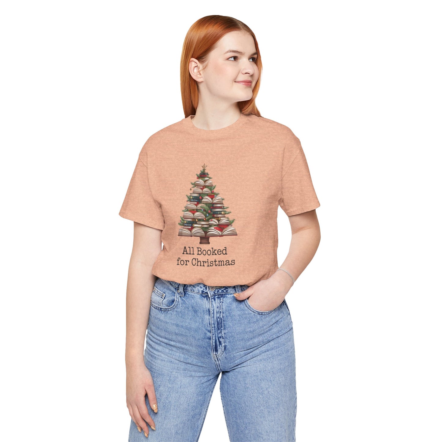 All Booked for Christmas, Book Christmas tree, Unisex Jersey Short Sleeve T-shirt - sizes S = 3X