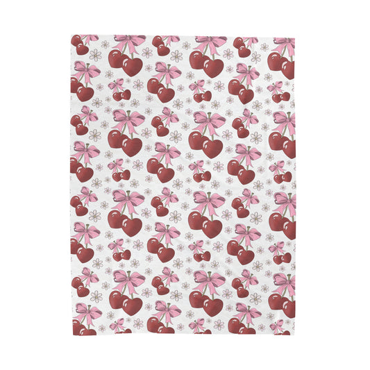 Velveteen Plush Blanket - Heart Cherries & Bows Design - 3 sizes