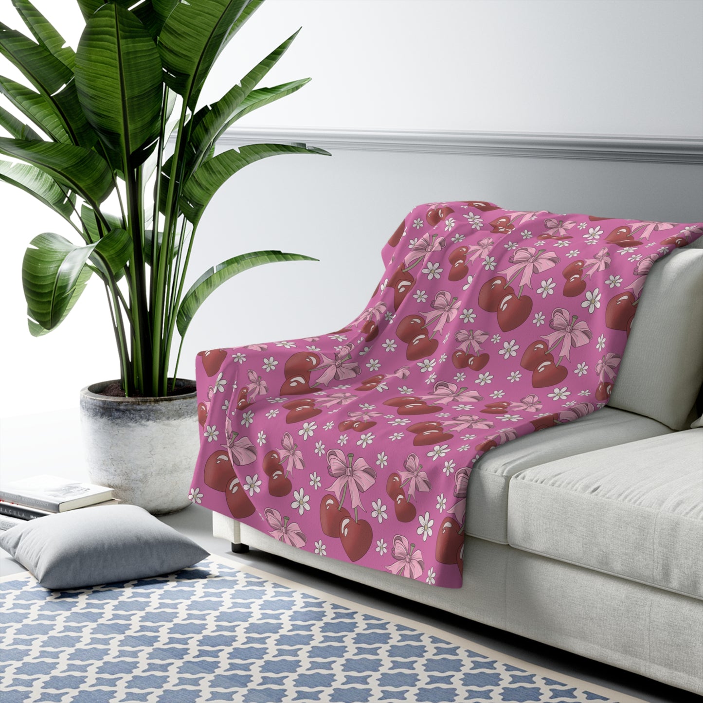 Sherpa Fleece Blanket, Heart Shaped Cherries and Bows, Warm and Cozy - 2 sizes