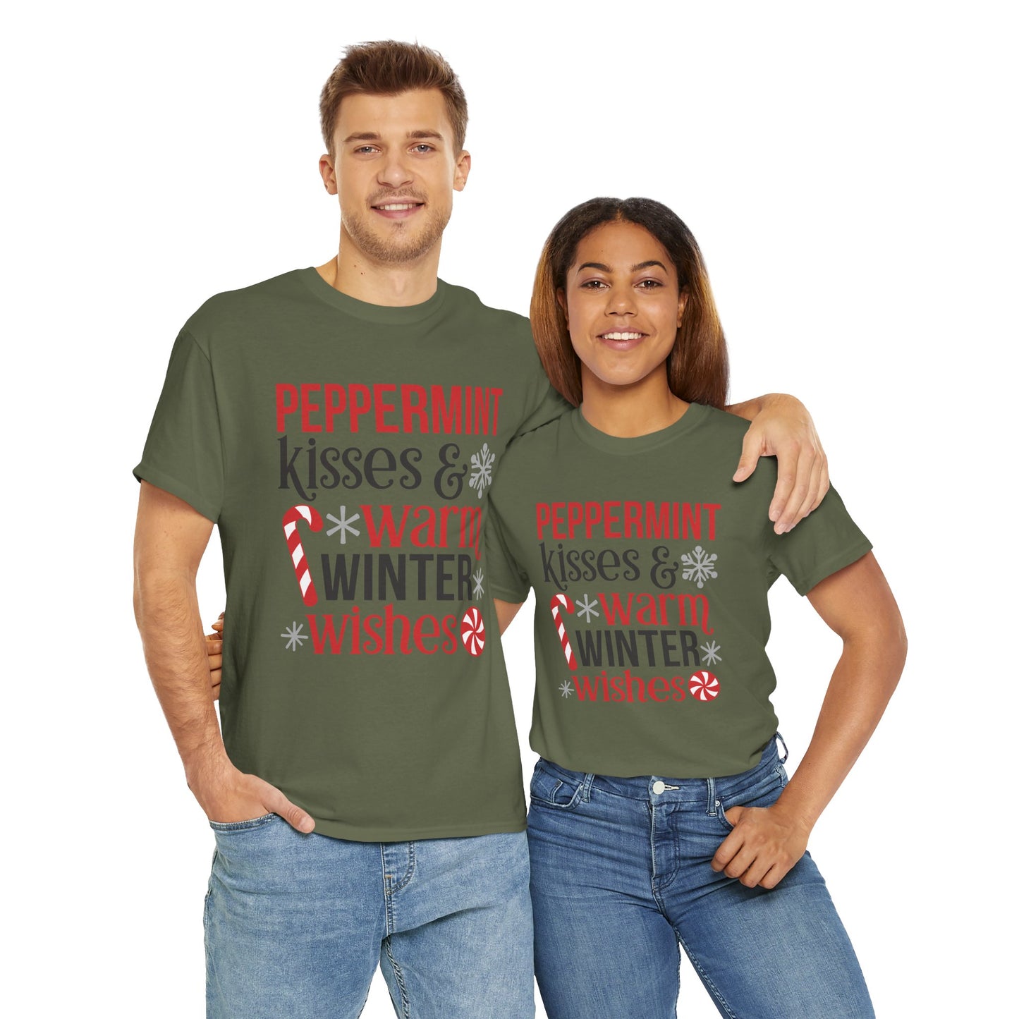 Peppermint Kisses and warm Winter wishes Unisex Heavy Cotton T-shirt - Christmas Winter Fun Cute Holiday Tee - sizes S - 3X