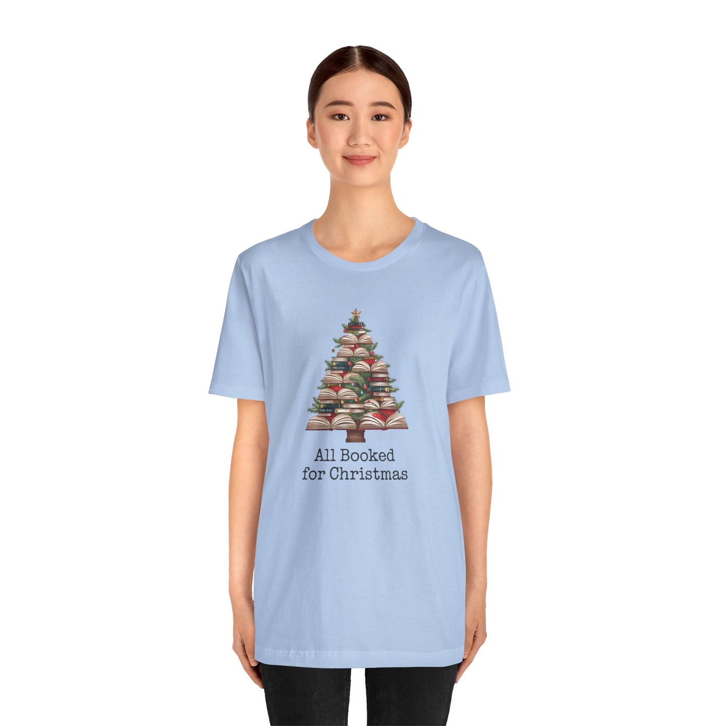All Booked for Christmas, Book Christmas tree, Unisex Jersey Short Sleeve T-shirt - sizes S = 3X