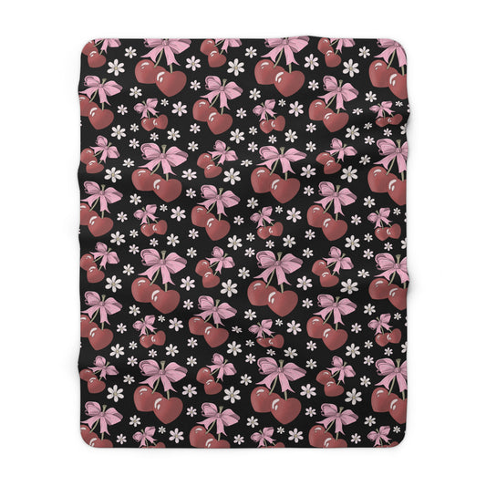 Sherpa Fleece Blanket, Heart Shaped Cherries and Bows, Warm and Cozy - 2 sizes