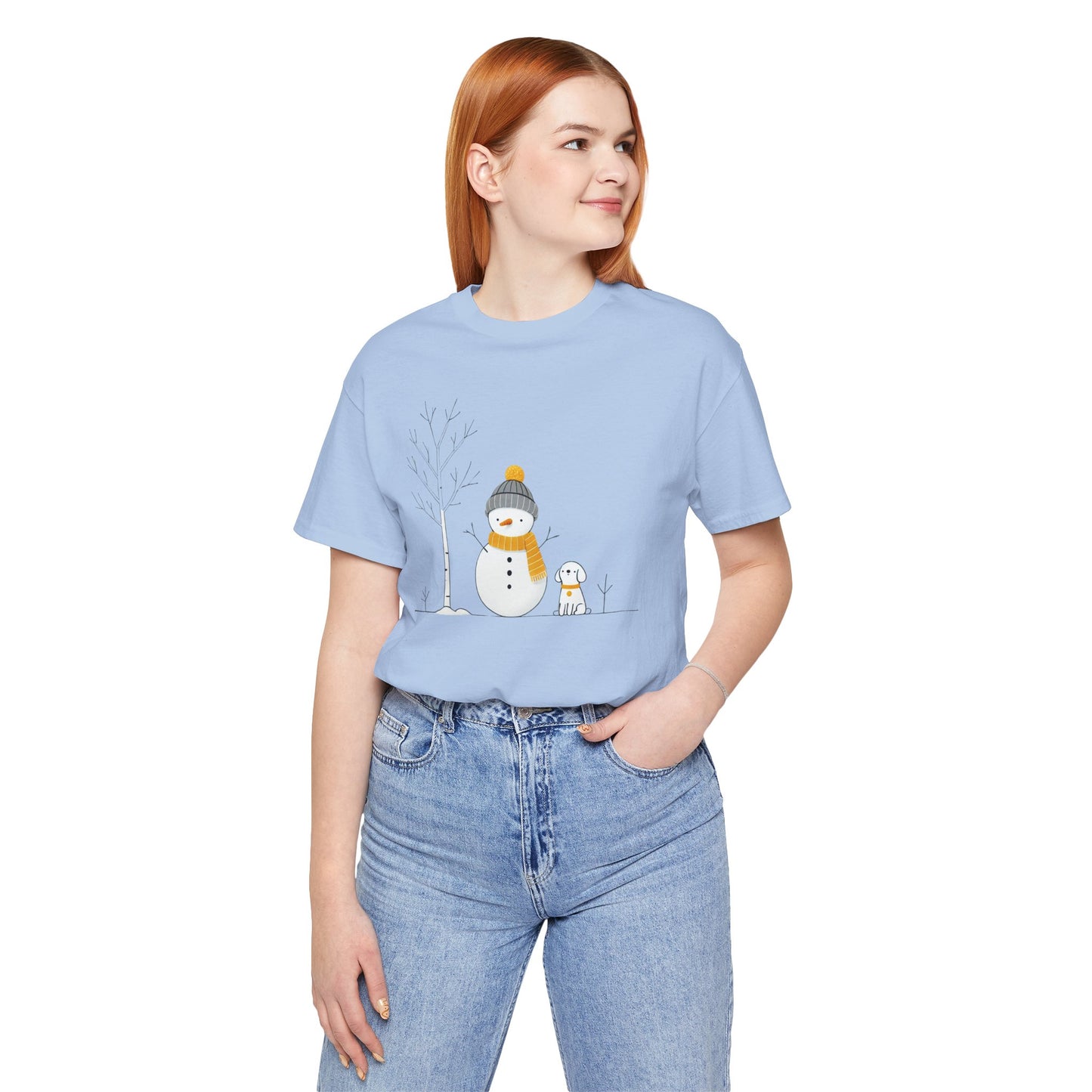 Snowman and dog winter scene Unisex Jersey Short Sleeve Tee - sizes S - 3X