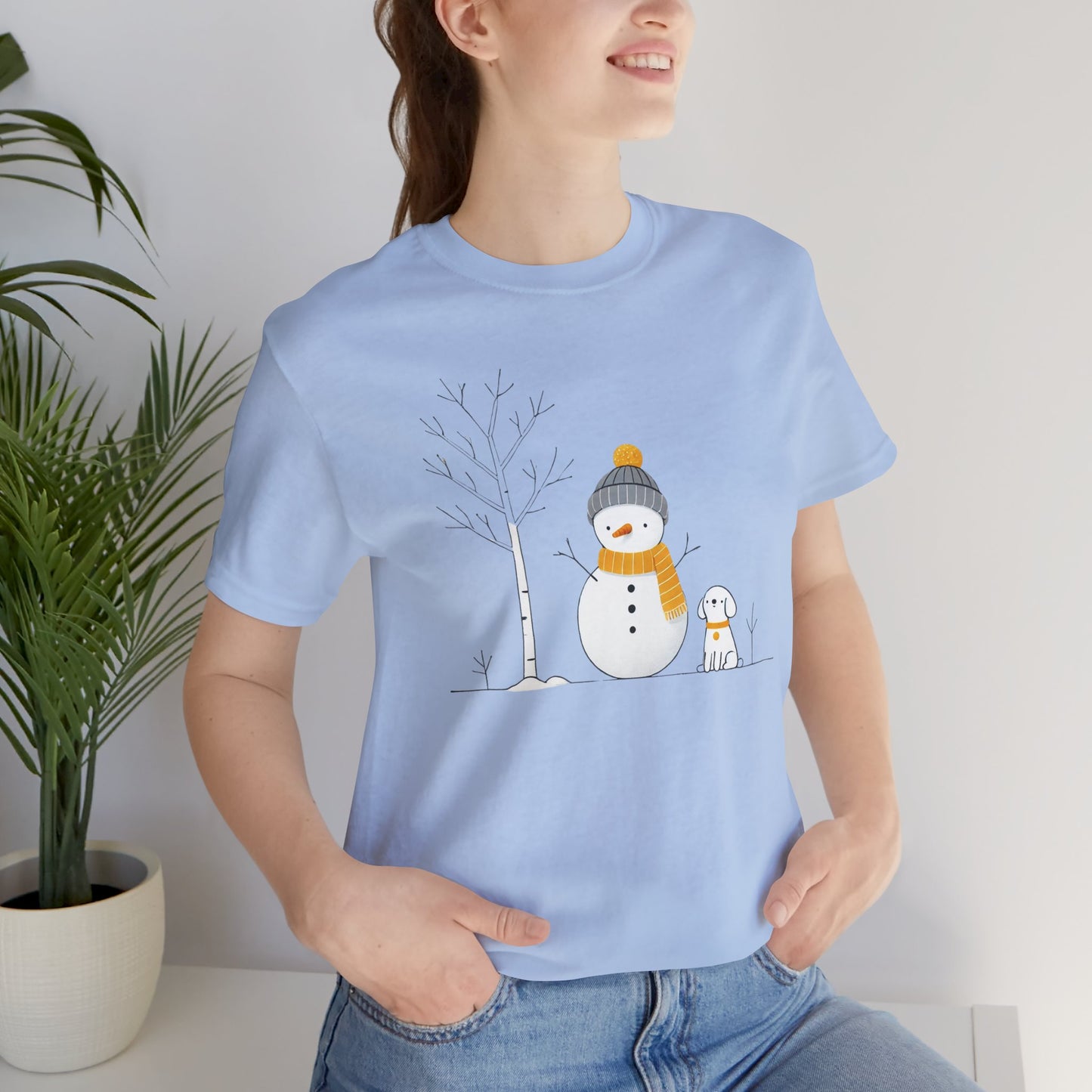 Snowman and dog winter scene Unisex Jersey Short Sleeve Tee - sizes S - 3X