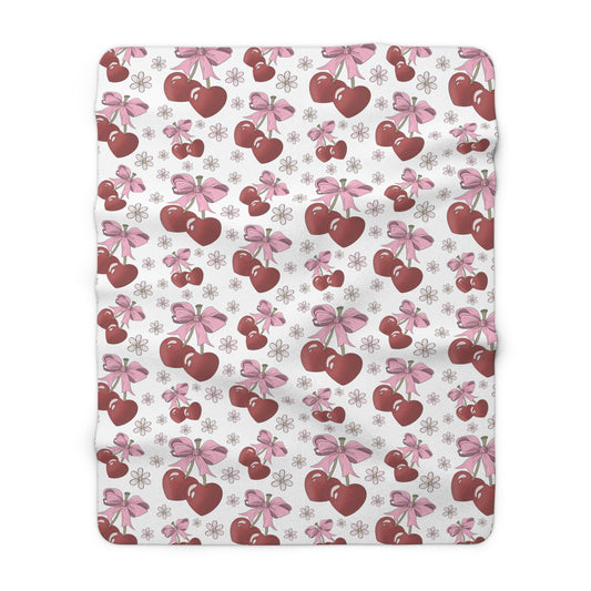 Sherpa Fleece Blanket, Heart Shaped Cherries and Bows, Warm and Cozy - 2 sizes