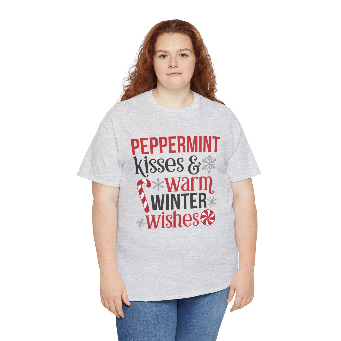 Peppermint Kisses and warm Winter wishes Unisex Heavy Cotton T-shirt - Christmas Winter Fun Cute Holiday Tee - sizes S - 3X