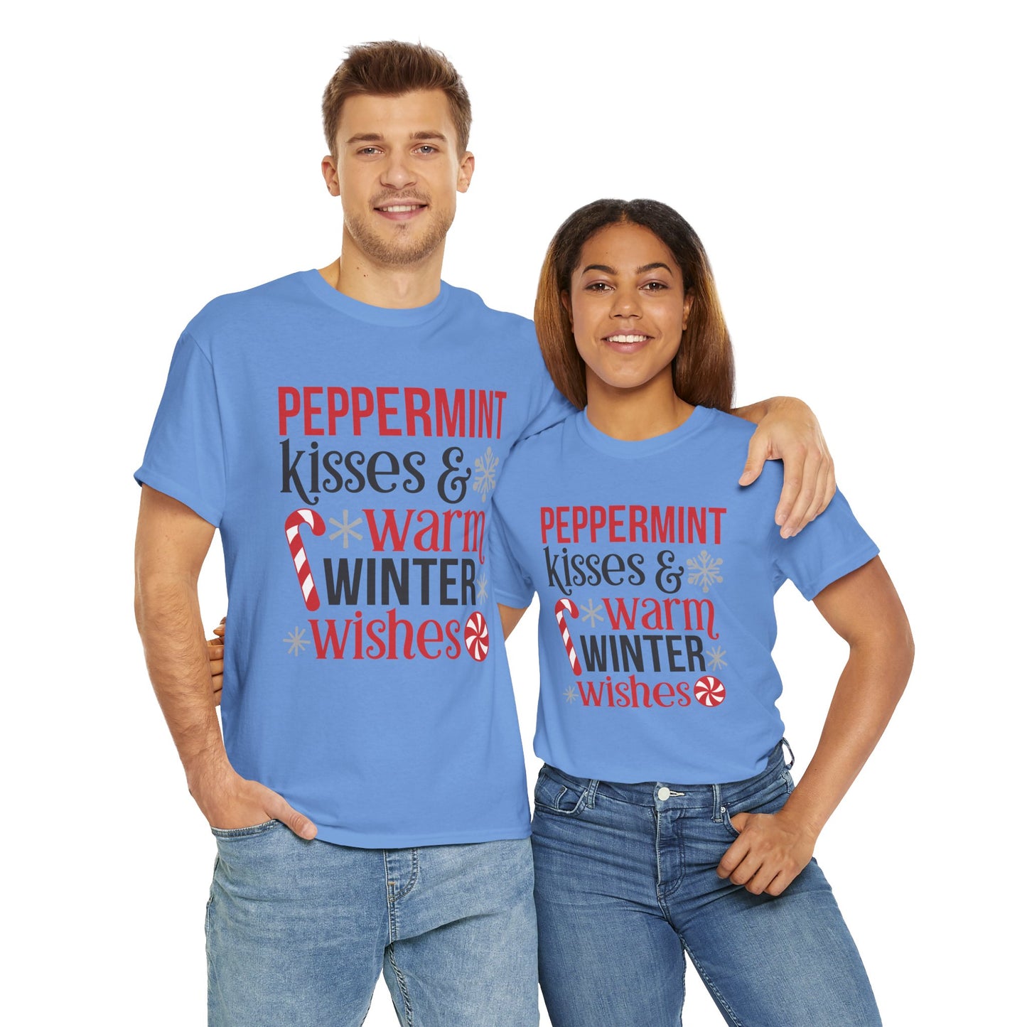 Peppermint Kisses and warm Winter wishes Unisex Heavy Cotton T-shirt - Christmas Winter Fun Cute Holiday Tee - sizes S - 3X