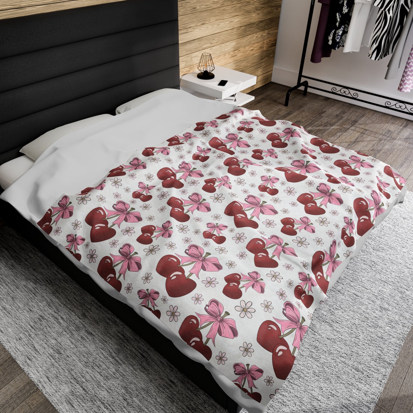 Velveteen Plush Blanket - Heart Cherries & Bows Design - 3 sizes