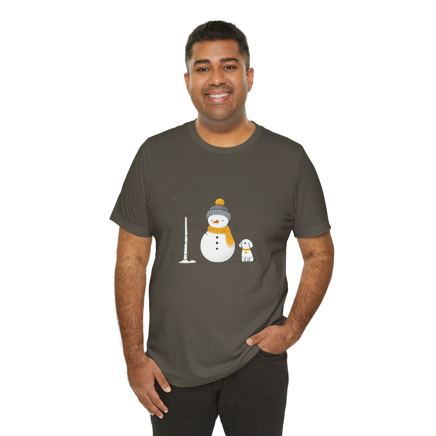 Snowman and dog winter scene Unisex Jersey Short Sleeve Tee - sizes S - 3X