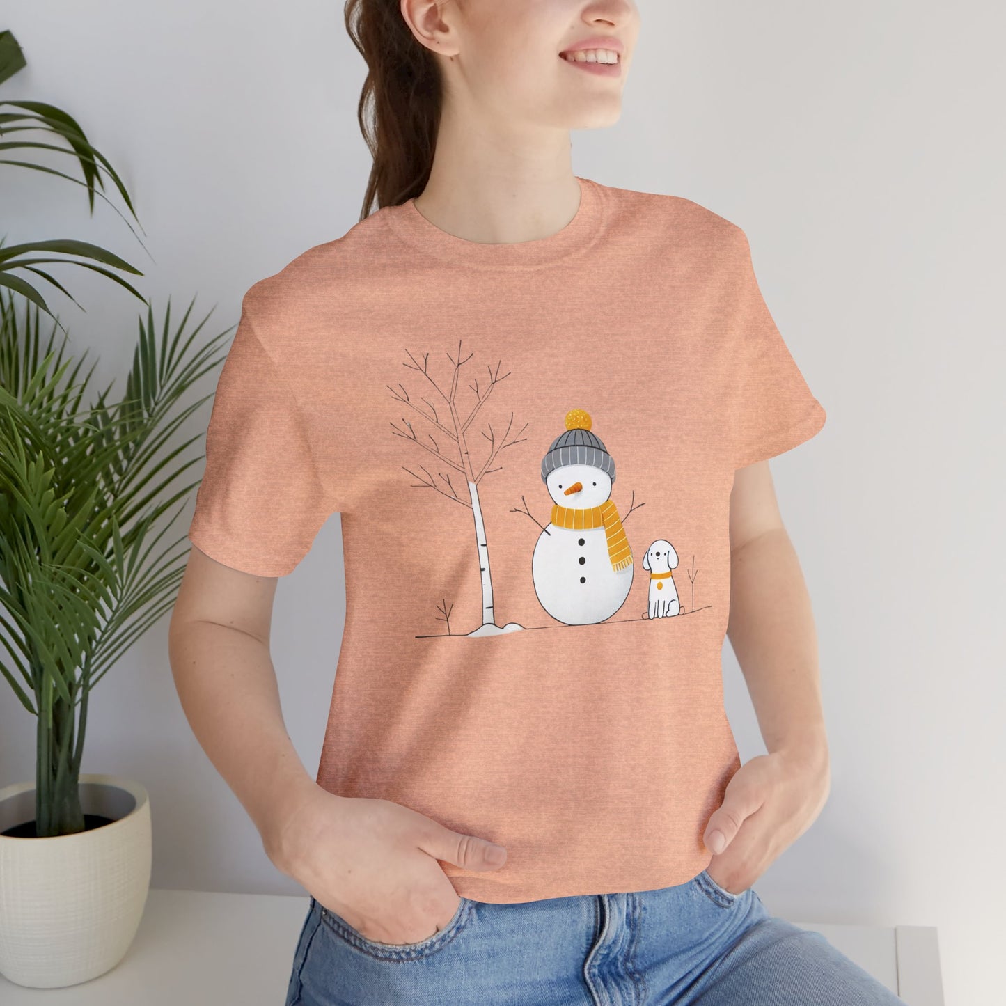 Snowman and dog winter scene Unisex Jersey Short Sleeve Tee - sizes S - 3X