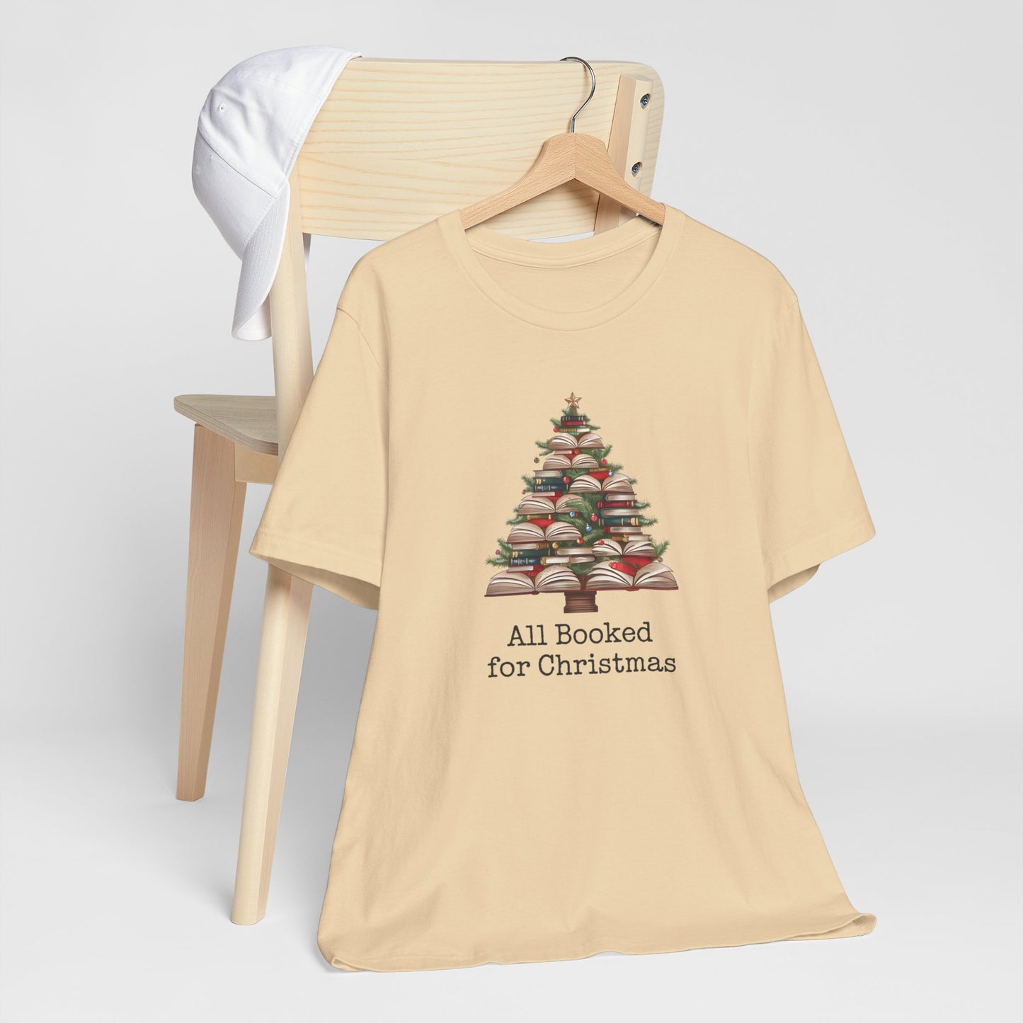 All Booked for Christmas, Book Christmas tree, Unisex Jersey Short Sleeve T-shirt - sizes S = 3X