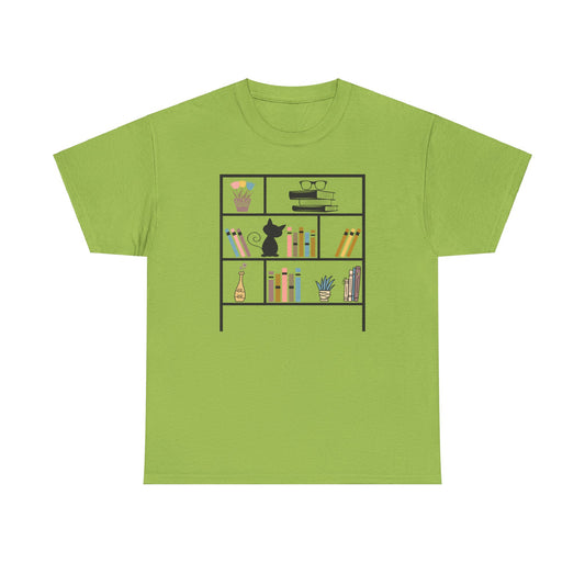 Unisex Heavy Cotton Tee - Bookshelf for books and cat