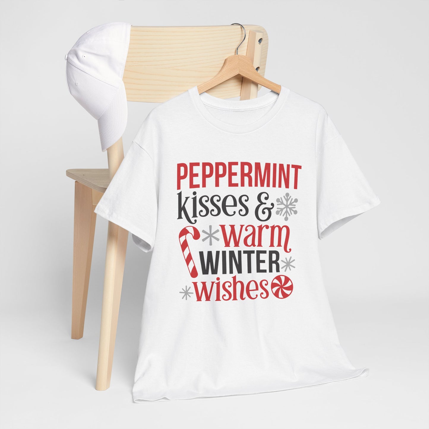 Peppermint Kisses and warm Winter wishes Unisex Heavy Cotton T-shirt - Christmas Winter Fun Cute Holiday Tee - sizes S - 3X