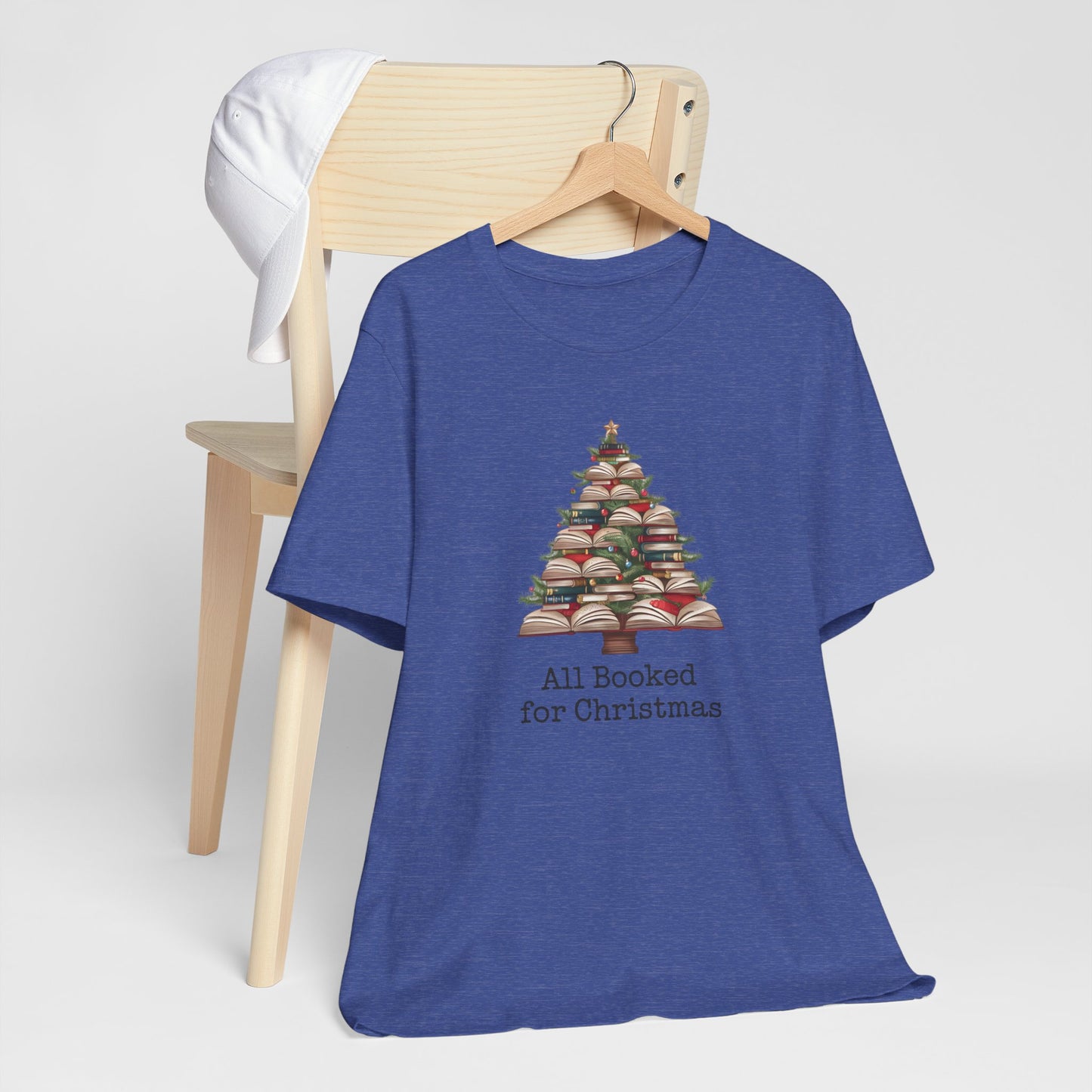 All Booked for Christmas, Book Christmas tree, Unisex Jersey Short Sleeve T-shirt - sizes S = 3X