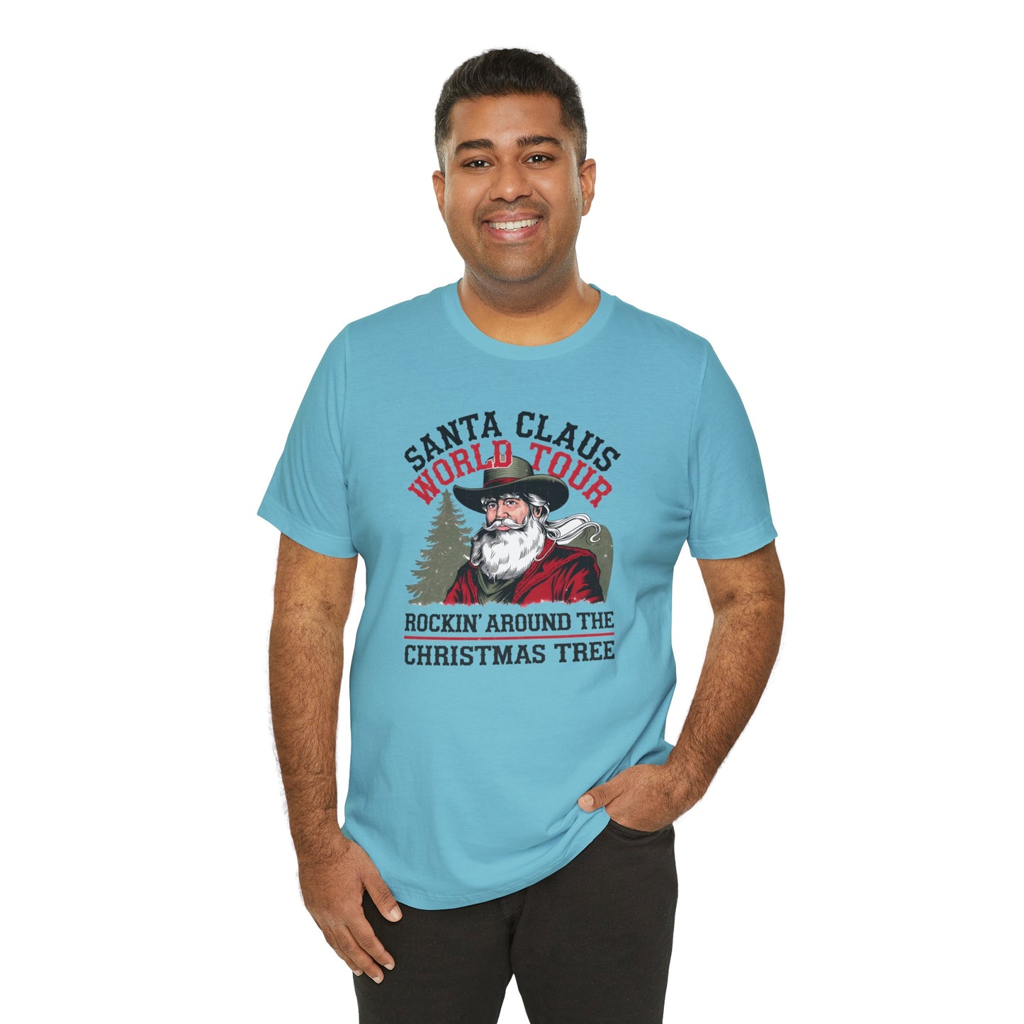 Santa's World Tour Rocking around the Christmas Tree Unisex Jersey Short Sleeve Tee - sizes S - 3X