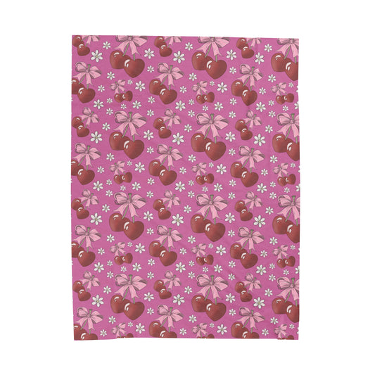 Velveteen Plush Blanket - Heart Cherries & Bows Design - 3 sizes