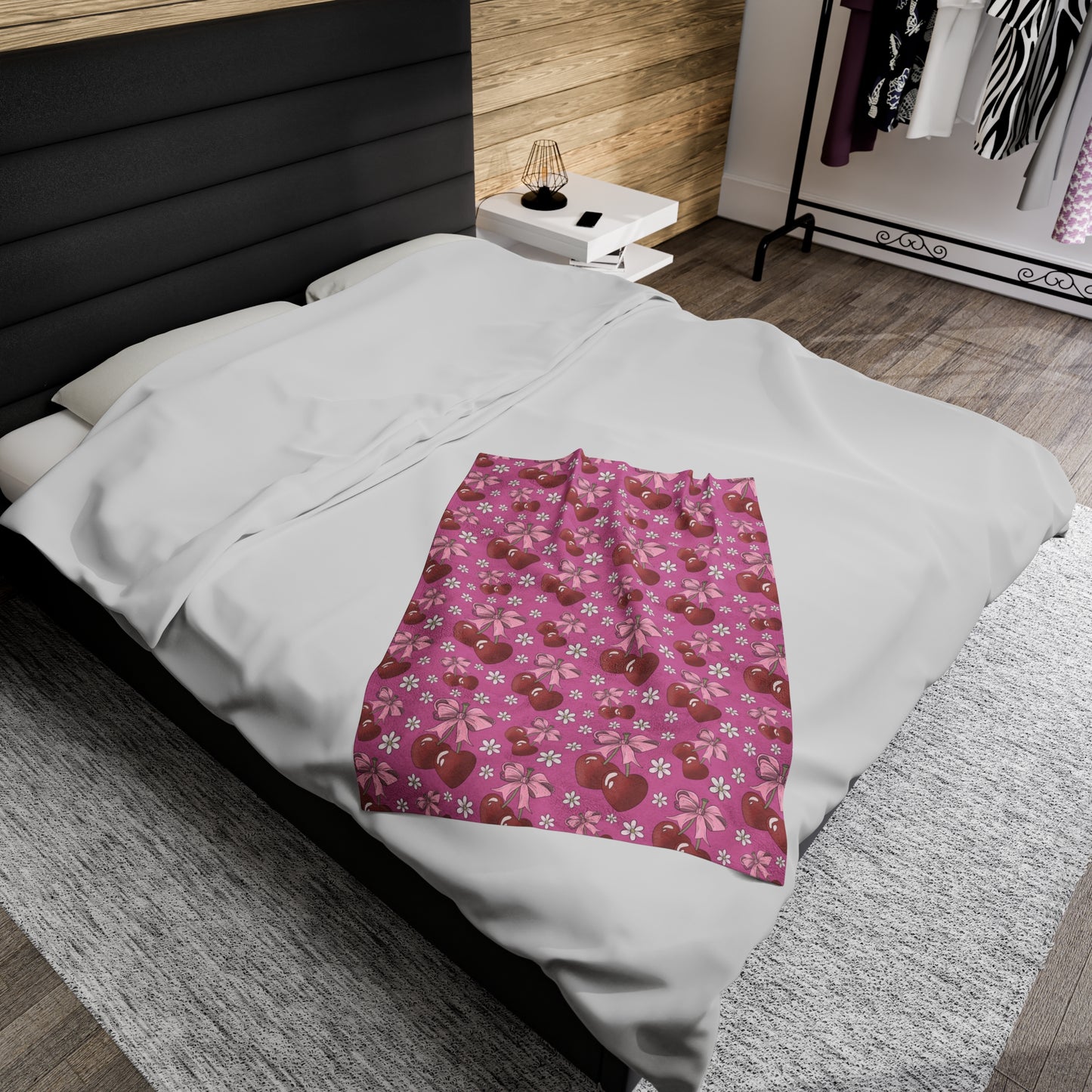 Velveteen Plush Blanket - Heart Cherries & Bows Design - 3 sizes