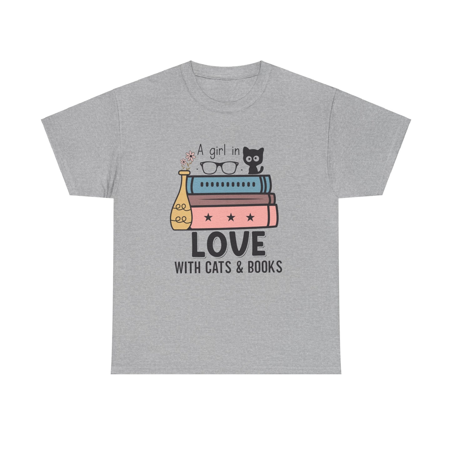 A Girl in Love with Cats and Books Unisex Heavy Cotton Tee