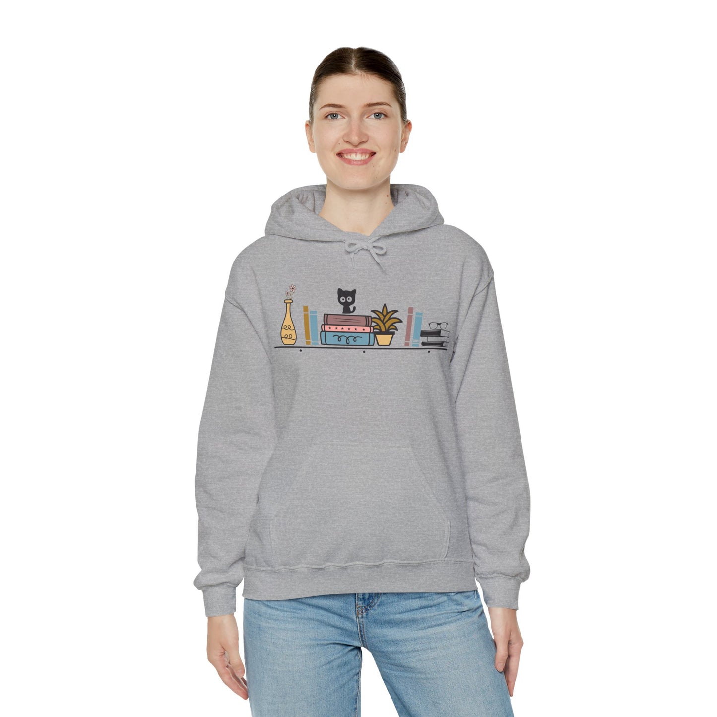Unisex Heavy Blend™ Hooded Sweatshirt - cut cat sitting on shelf with books - S - 5X