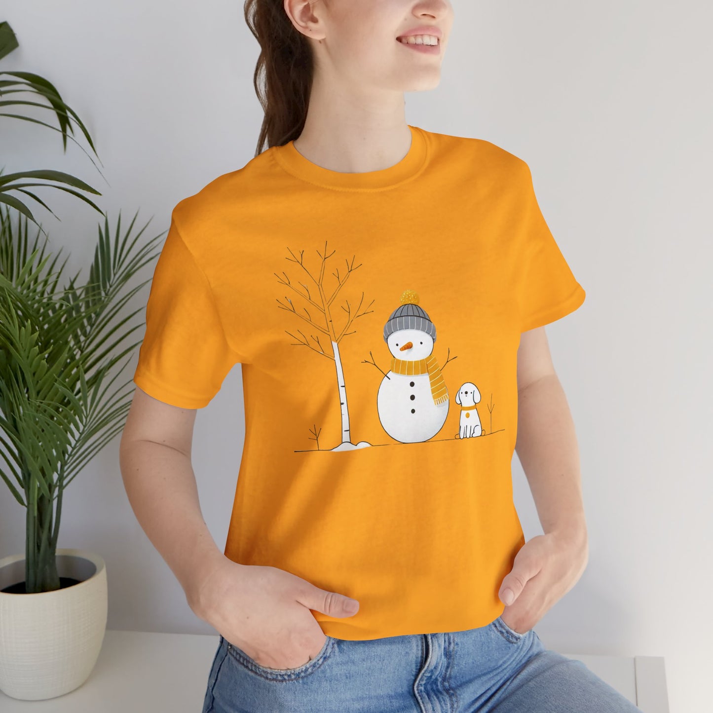 Snowman and dog winter scene Unisex Jersey Short Sleeve Tee - sizes S - 3X